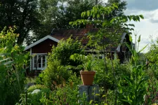 Bild av rött sommarhus omgivet av grönska